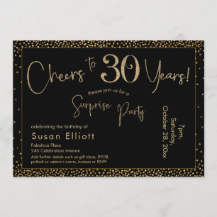 Cheers to 30 Years Surprise Birthday Gold & Black Invitation