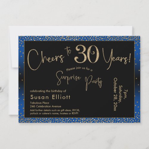 Cheers to 30 Years Surprise Birthday Gold  Blue Invitation