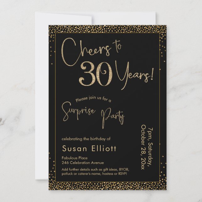 Cheers to 30 Years Surprise Birthday Party Black Invitation (Front)