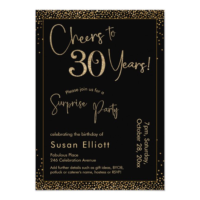 Cheers to 30 Years Surprise Birthday Party Black Invitation