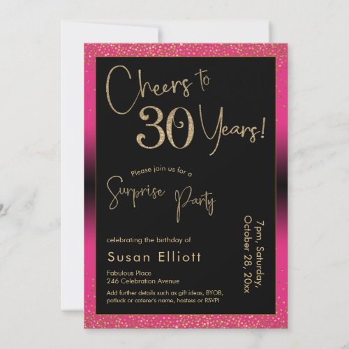 Cheers to 30 Years Surprise Birthday Party Pink Invitation