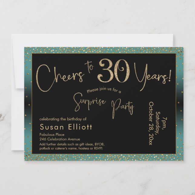 Cheers to 30 Years Surprise Birthday Teal and Gold Invitation (Front)