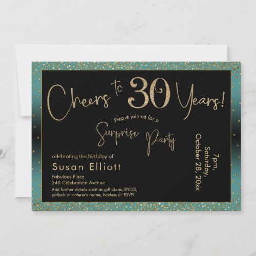 Cheers to 30 Years Surprise Birthday Teal and Gold Invitation