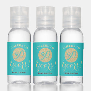 Cheers to 30 Years Teal Turquoise and Gold Glitter Hand Sanitizer