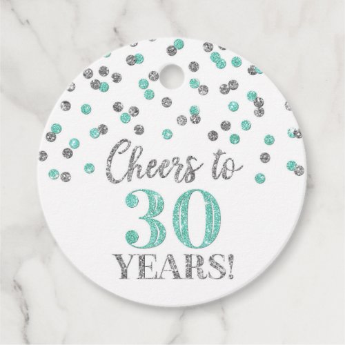 Cheers to 30 Years Turquoise Silver Confetti Favor Tags