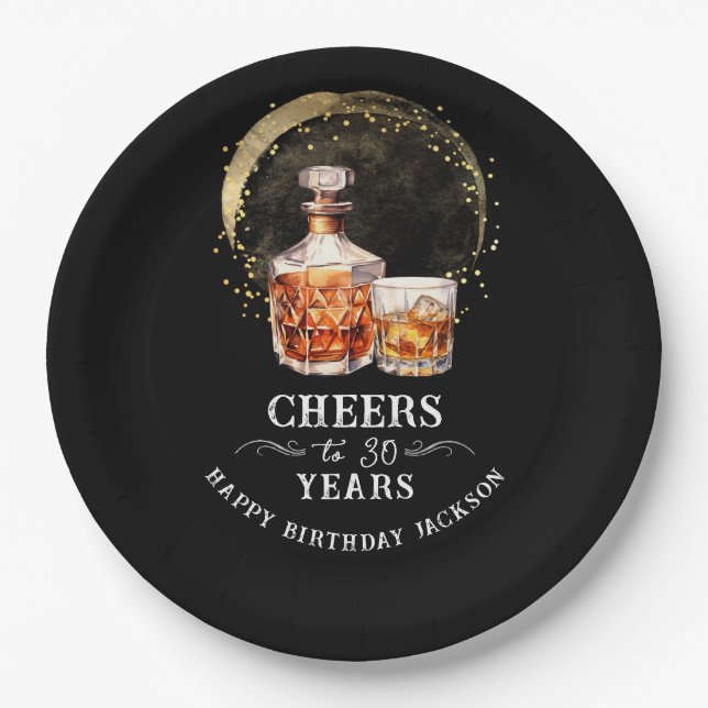 Cheers to 30 Years Whiskey Paper Plates (Front)