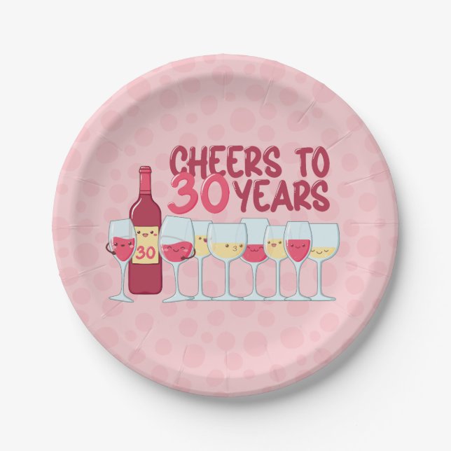 Cheers to 30 years wine themed kawaii style paper plates (Front)
