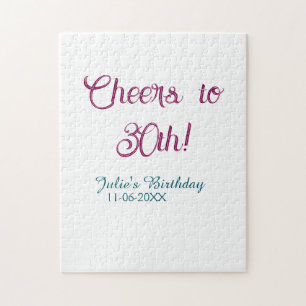 Cheers to 30th birthday name date mauve blue elega jigsaw puzzle
