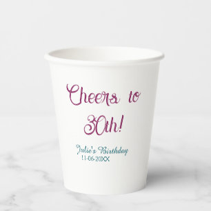 Cheers to 30th birthday name date mauve blue elega paper cups