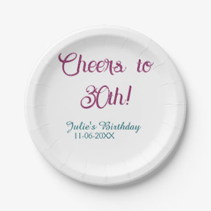 Cheers to 30th birthday name date mauve blue elega paper plates