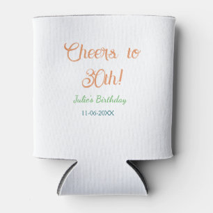 Cheers to 30th birthday name date orange green blu can cooler