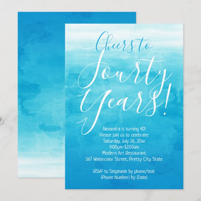 Cheers to 40 Blue Ombre Modern 40th Birthday Party Invitation (Front/Back)
