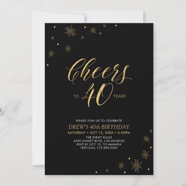 Cheers to 40 | Gold & Black 40th Birthday Party Invitation (Front)