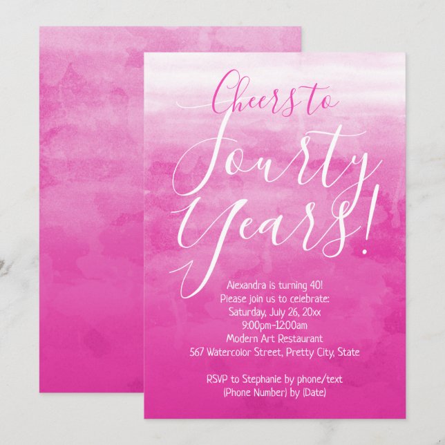 Cheers to 40 Pink Ombre Modern 40th Birthday Party Invitation (Front/Back)