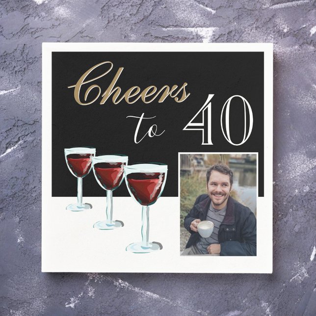 Cheers to 40 Red Wine Glass Photo 40th Birthday Napkins (Creator Uploaded)