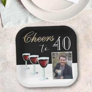 Cheers to 40 Red Wine Glass Photo 40th Birthday Paper Plates