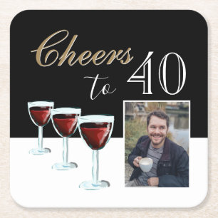 Cheers to 40 Red Wine Glass Photo 40th Birthday Square Paper Coaster