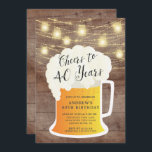 Cheers to 40 Years 40th Birthday Invitation<br><div class="desc">Cheers to 40 years birthday invitation featuring a beer mug  set on a rustic wood background with hanging mason jar lights</div>