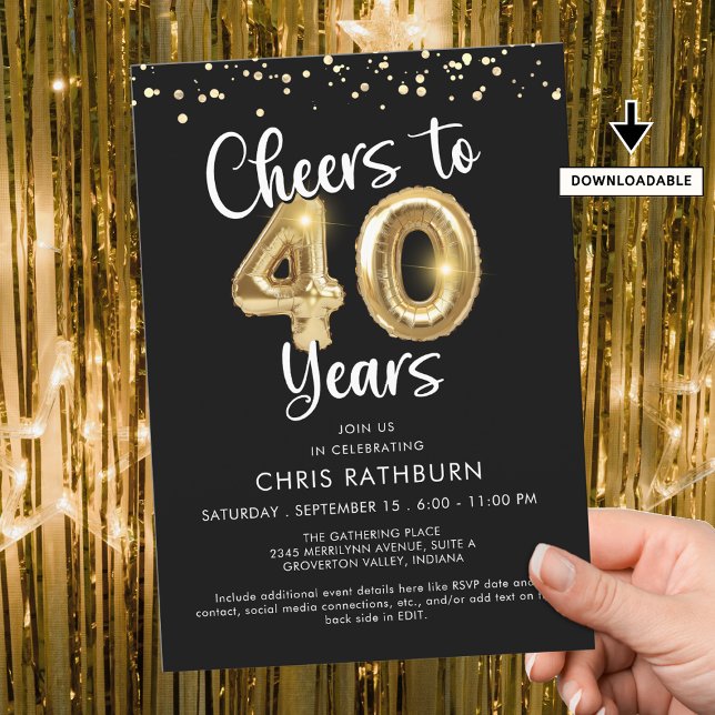 Cheers to 40 Years Balloons Confetti Invitation (Creator Uploaded)