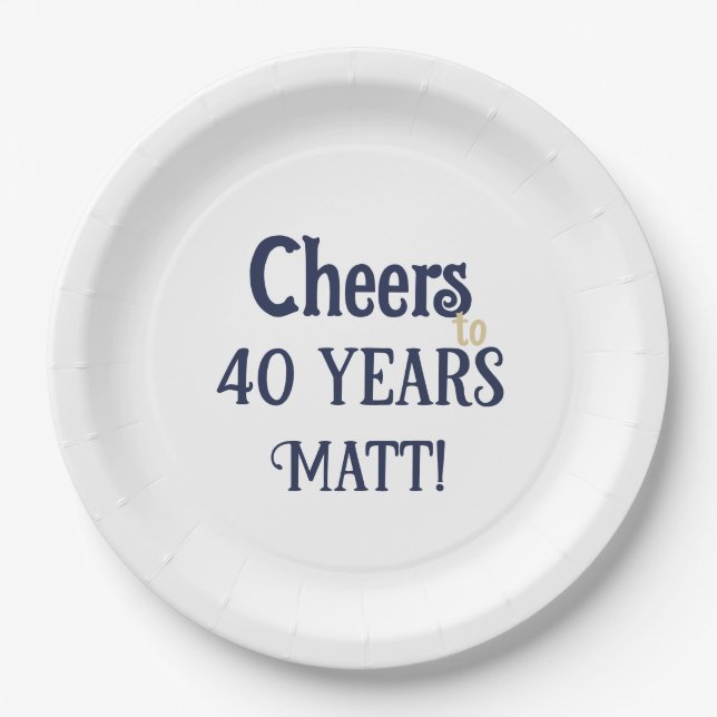 Cheers to 40 Years Birthday Blue and Gold Plate (Front)