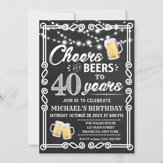 Cheers to 40 Years Birthday Chalk BBQ Invitation (Front)