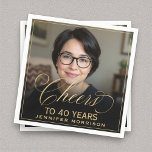 Cheers to 40 Years Birthday Photo Gold Black Napkins<br><div class="desc">Celebrate four decades in style with these Cheers to 40 Years birthday napkins. Featuring your custom photo on a bold black background with elegant gold script, these personalized napkins bring sophistication to any milestone party. Perfect for cocktails, cake, or appetizers, they’re both practical and stylish. Pair them with matching invitations,...</div>