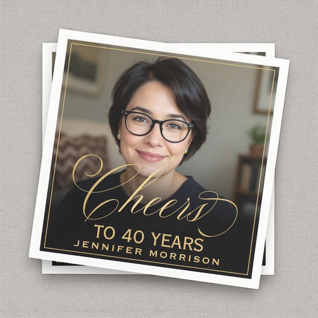 Cheers to 40 Years Birthday Photo Gold Black Napkins (Creator Uploaded)