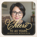 Cheers to 40 Years Birthday Photo Gold Black Square Paper Coaster<br><div class="desc">Add a stylish finishing touch to your celebration with these Cheers to 40 Years square paper coasters. Featuring your custom photo on a bold black background with elegant gold script, these coasters protect your tables while elevating your party décor. Perfect for cocktails, wine, or champagne toasts, they coordinate seamlessly with...</div>