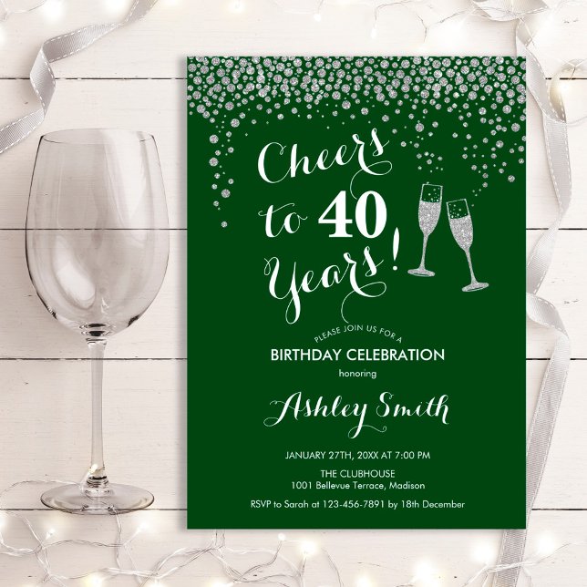 Cheers To 40 Years Birthday - Silver Green Invitation (Creator Uploaded)