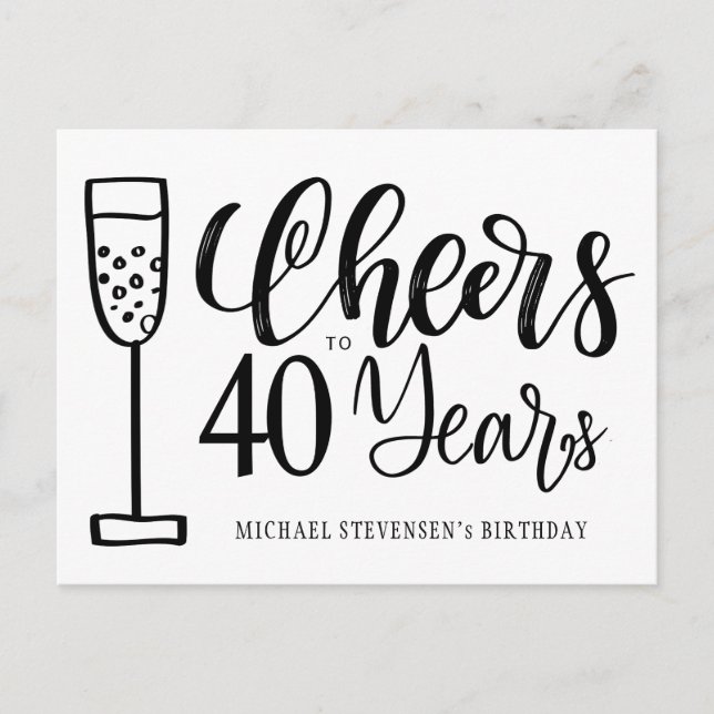Cheers to 40 years black white birthday invitation postcard (Front)