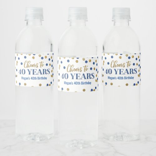 Cheers to 40 Years Blue Gold Confetti Birthday Water Bottle Label