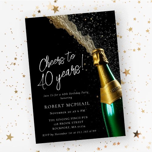 Cheers to 40 Years Champagne Bottle Birthday Invitation