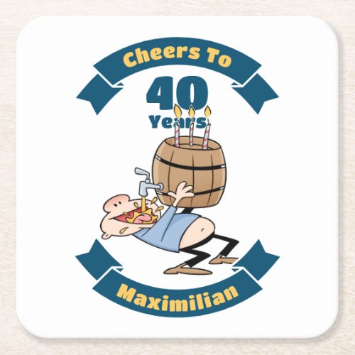 Cheers To 40 Years Funny Beer Birthday Cartoon Square Paper Coaster