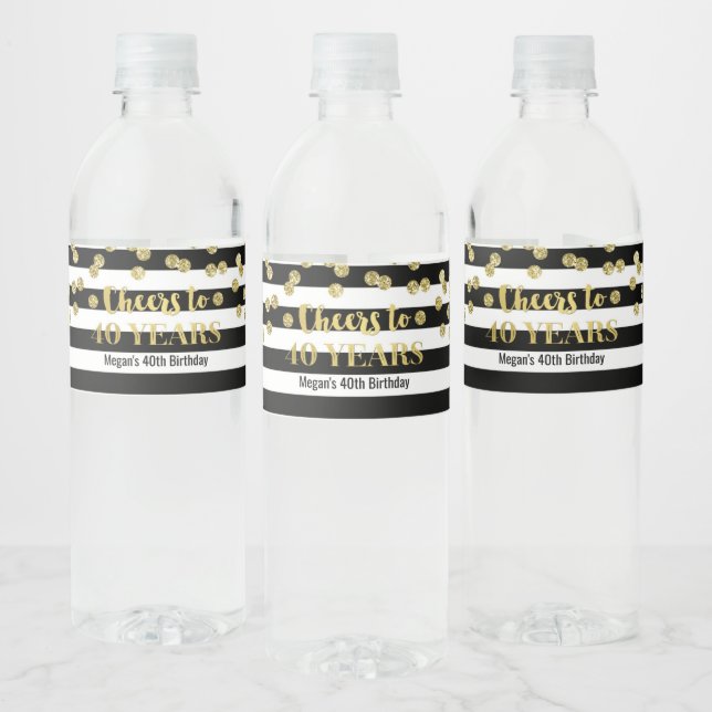 Cheers to 40 Years Gold Black Stripe Birthday Water Bottle Label (Bottles)