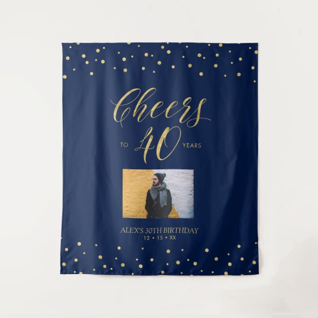 Cheers to 40 years | Gold & Blue Birthday Party Tapestry (Front)