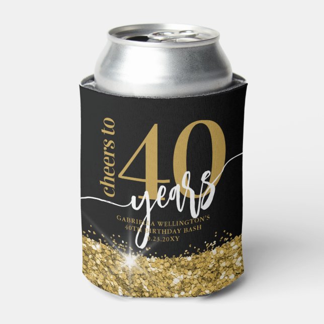 Cheers to 40 Years Gold Glitter Birthday Favor Can Cooler (Can Front)