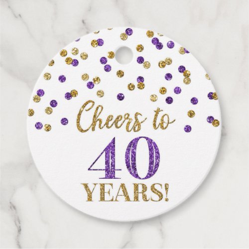 Cheers to 40 Years Gold Purple Confetti Favor Tags