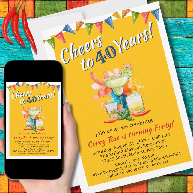Cheers to 40 Years Modern 40th Birthday  Fiesta Invitation (Creator Uploaded)
