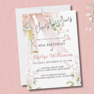 Cheers to 40 Years Pink Bow Floral Invitation