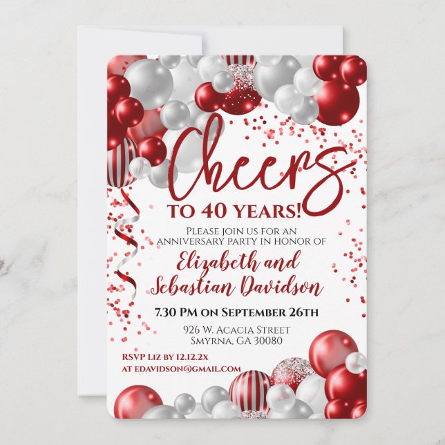 Cheers To 40 Years Red 40th Anniversary Invitation (Front)