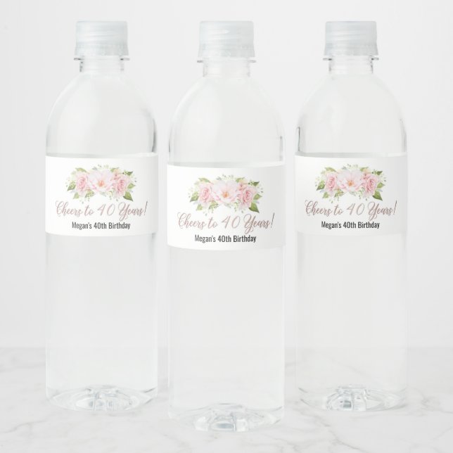 Cheers to 40 Years Rose Gold Flowers Birthday Water Bottle Label (Bottles)