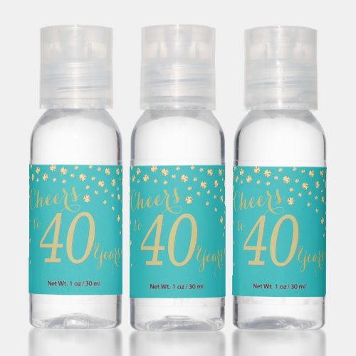 Cheers to 40 Years Teal Turquoise and Gold Diamond Hand Sanitizer