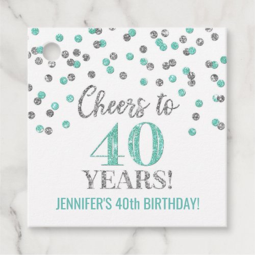 Cheers to 40 Years Turquoise Silver Confetti Favor Tags