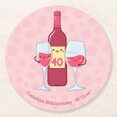 Cheers to 40 years wine and kawaii 40th birthday round paper coaster