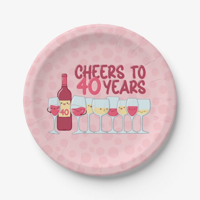Cheers to 40 years wine themed kawaii style paper plates (Front)