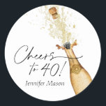 Cheers to 40th Birthday Champagne Classic Round Sticker<br><div class="desc">Cheers to 40th Birthday Party Round Label. A perfect finishing touch to your invitation envelopes or Favor Bags. Designed with a beautiful watercolor Gold Champagne Bottle.  Matching items in our store Cava Party Design.</div>