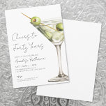 Cheers To 40th Birthday Party Invitation<br><div class="desc">Raise a glass to turning 40—or any age you want to celebrate—with this chic martini-themed party invitation. Across the top, the phrase “Cheers To Forty Years” sets the tone, and you can easily change it to match any milestone. On the right, a watercolor classic martini garnished with green olives brings...</div>