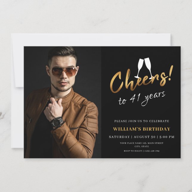 Cheers to 41 Years Gold Black Adult Birthday Photo Invitation (Front)