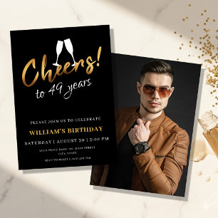 Cheers to 49 Years Gold Black Adult Birthday Photo Invitation