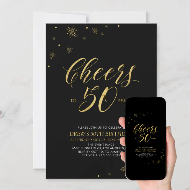 Cheers to 50 | Gold & Black 50th Birthday Party Invitation | Zazzle